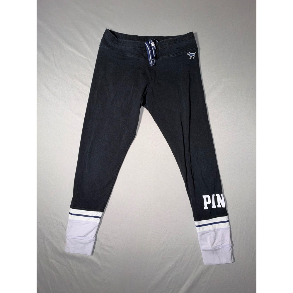 Victorias Secret PINK Black Colorblock Leggings Large Drawstring Dog Logo Sporty